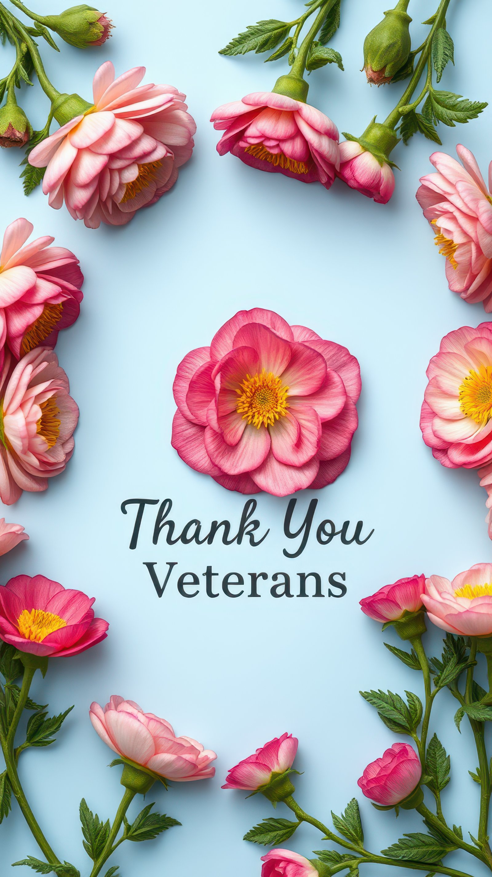 Colorful floral arrangement with message expressing gratitude to veterans on a light blue background during a celebration